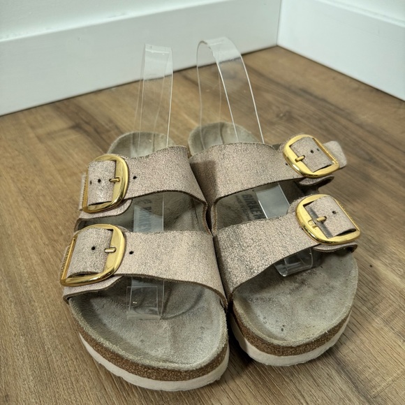 Birkenstock Arizona Big Buckle Metallic Rose Leather Slides Comfort Boho 37 - Picture 2 of 9